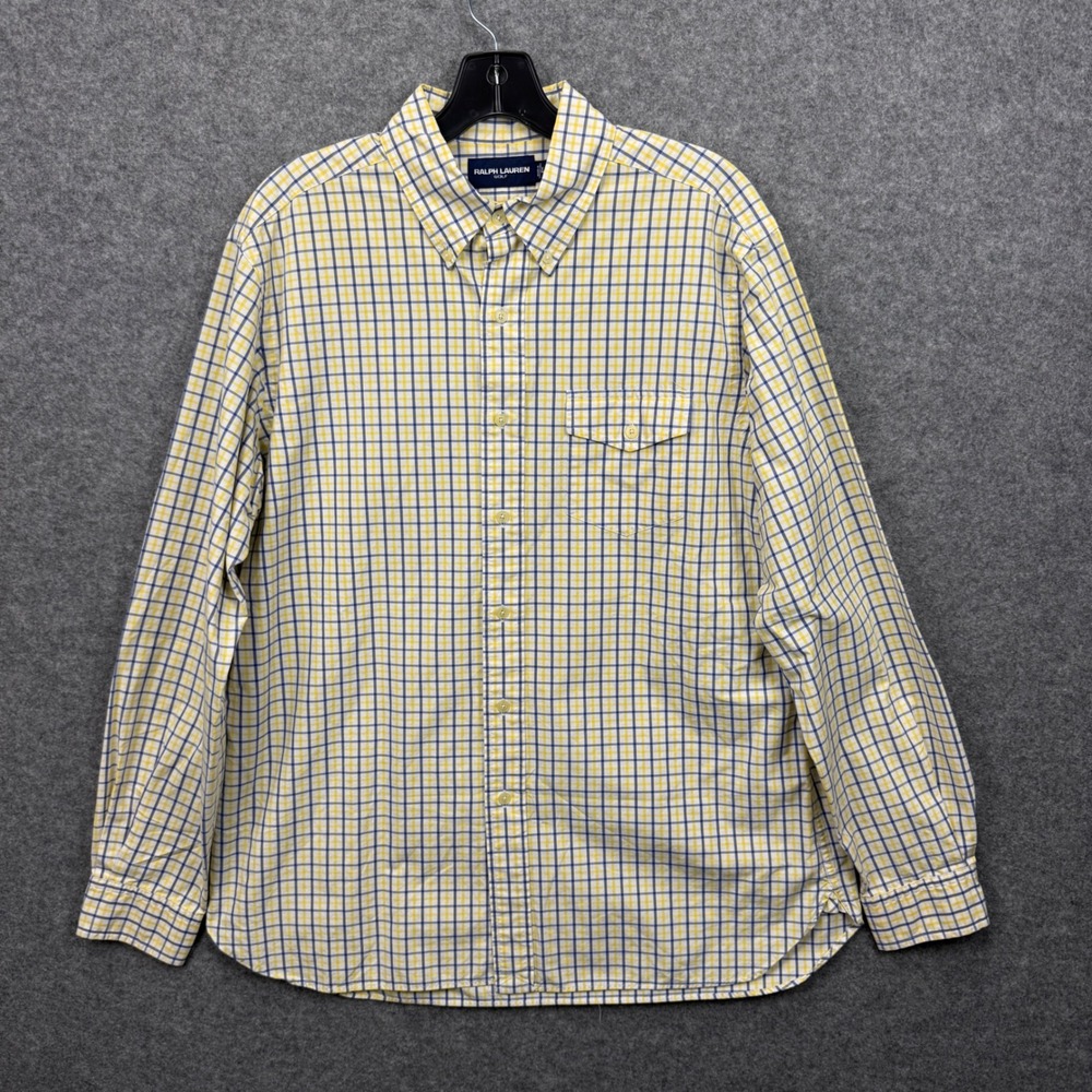 Ralph Lauren Golf Mens Large Yellow Navy Blue Check Cotton Button Down Shirt